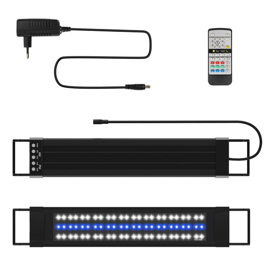 Hengda Aquarium LED Beleuchtung 24/7 Modus | Vollspektrum Aufsetzleuchte 55–150 cm | Dimmbare Aquariumlampe mit Timer & Fernbedienung für Süß- & Meerwasser