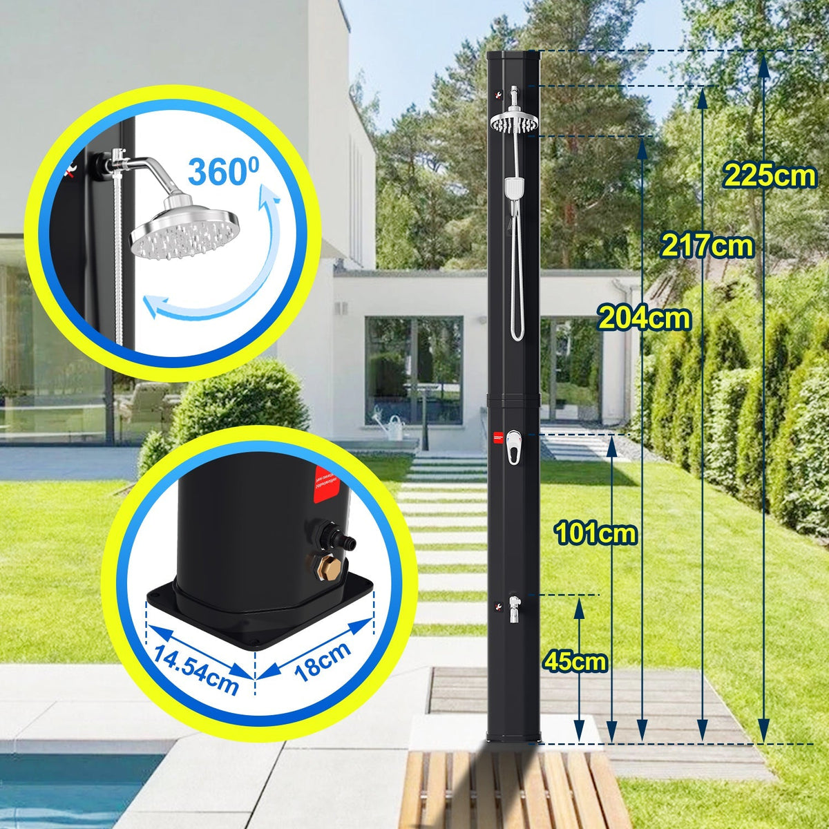 Hengda Solar Gartendusche 20/35/40 L mit Regenduschkopf & Schutzhaube | Solardusche bis 60 °C ohne Strom | Outdoor Pooldusche für Garten, Camping & Terrasse