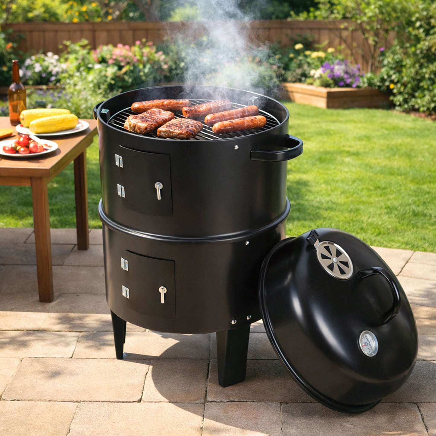 Hengda 3 in 1 Smoker Räucherofen, Holzkohle Räuchergrill mit Thermometer