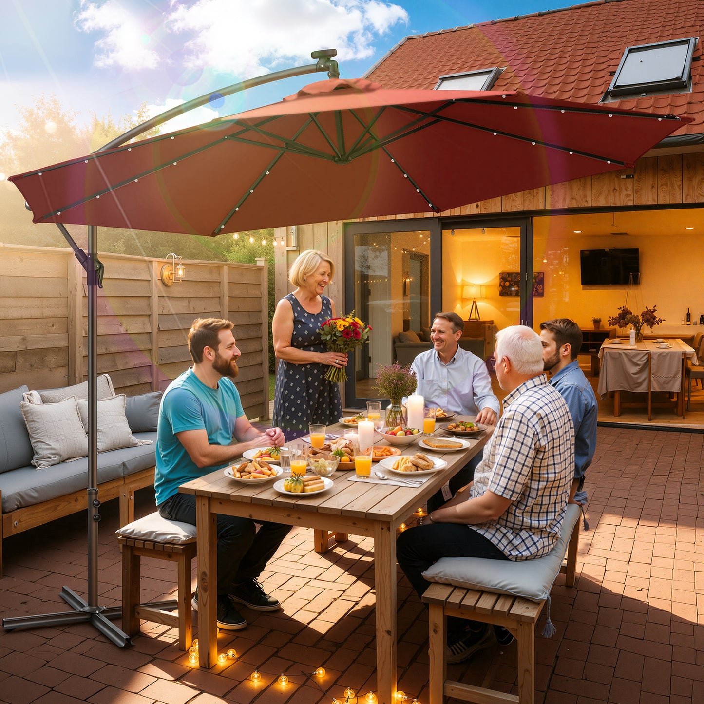 Hengda Sonnenschirm 300/350 cm mit LED Solar, Kurbelschirm mit Kurbel und Ständer