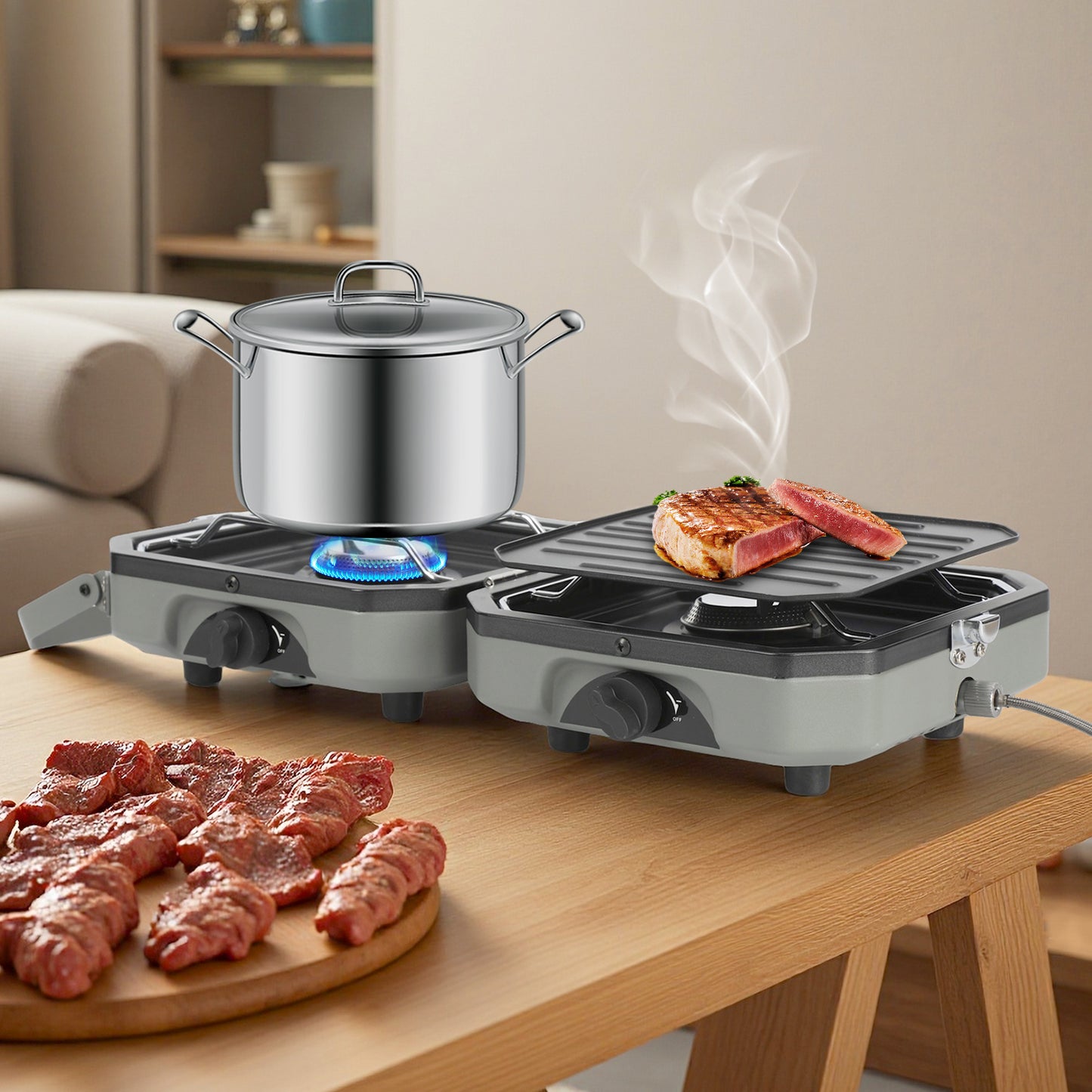 Hengda Campingkocher 2-in-1-Gascampingherd, Tragbarer Gaskocher mit Grillplatte & Piezo