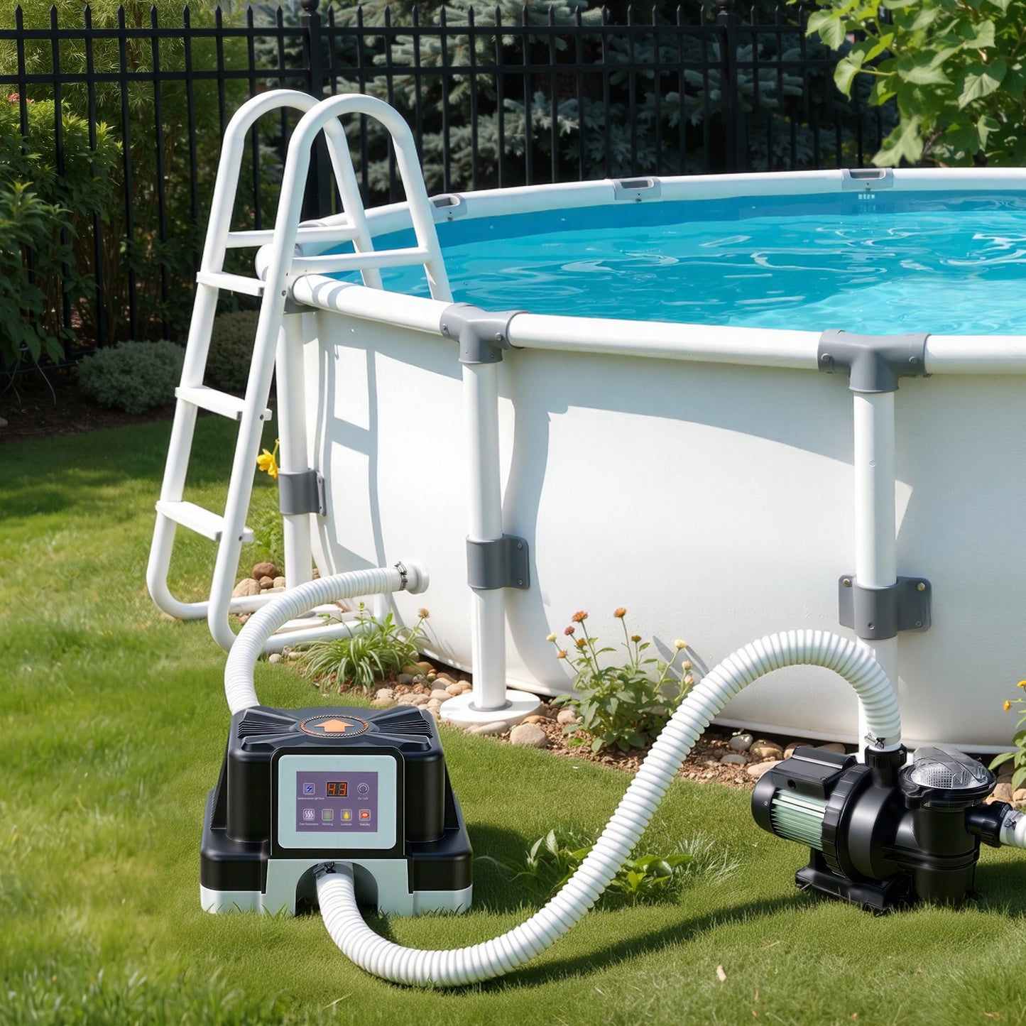 Hengda Poolheizung Elektrisch 3KW, Temperaturregelung 37-45°C, mit FI-Schutz & Kippschutz, für 32/38 mm