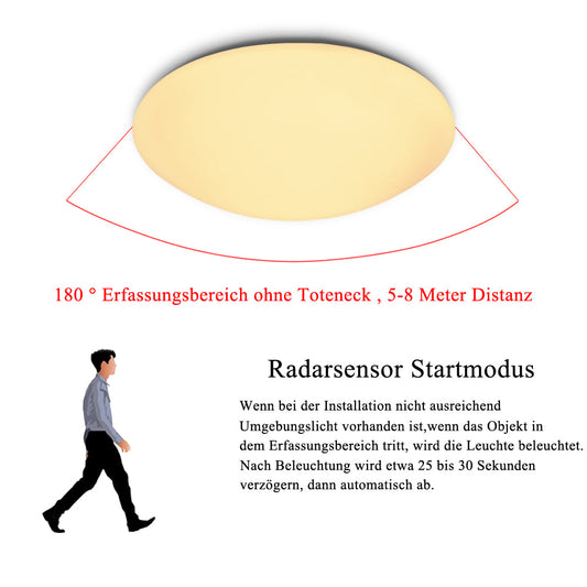 Hengda LED Deckenlampe mit Bewegungsmelder Deckenleuchte mit Tageslichtsensor Warmweiss 12W 960 Lumen Ø24 cm