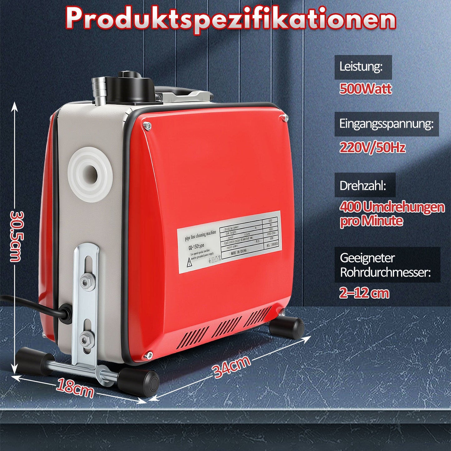 Hengda Rohrreinigungsmaschine 500W, Elektrische Abflussreiniger mit 6 Köpfen, Rohrreinigungsgerät, Elektrische Köpfe Für 20–120 mm Rohre