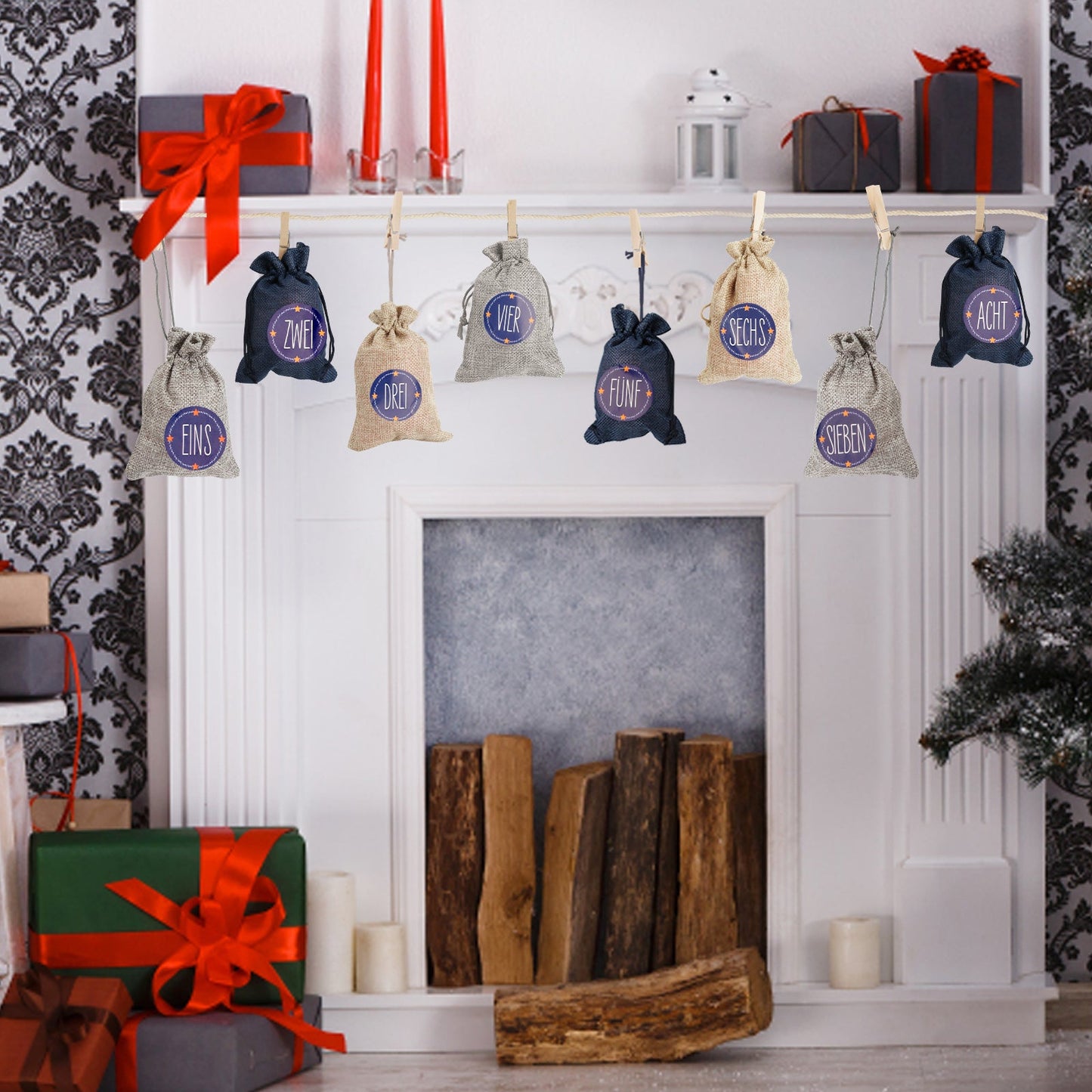Hengda 24 Adventskalender zum Befüllen Stoffbeutel Weihnachten Geschenksäckchen mit Aufkleber Mini-Holzklammern Hanfseile Weihnachtskalender tüten Geschenkbeutel 22 x 15 cm