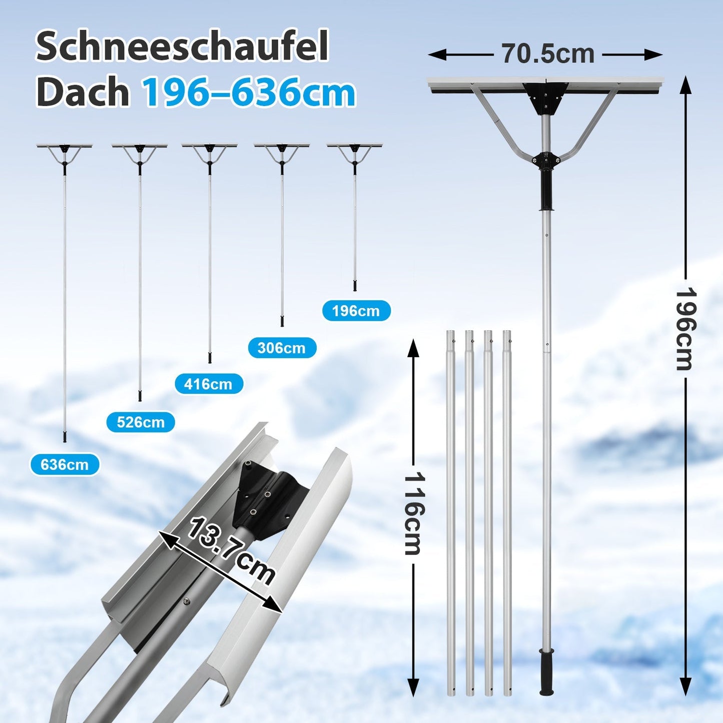 Hengda Photovoltaik Schneeschieber, Aluminium Schneeschaufel, Dachräumer, 196-636cm