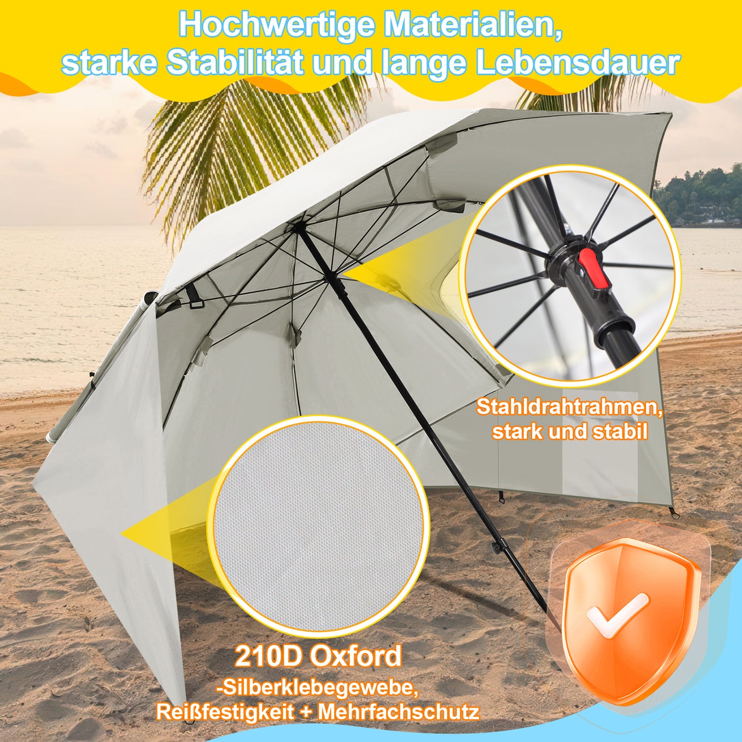 Hengda 2-in-1 Alu Strandschirm, Strandmuschel & Sonnenschirm Ø210×220 cm UV50+, mit Windschutz, faltbar & leicht