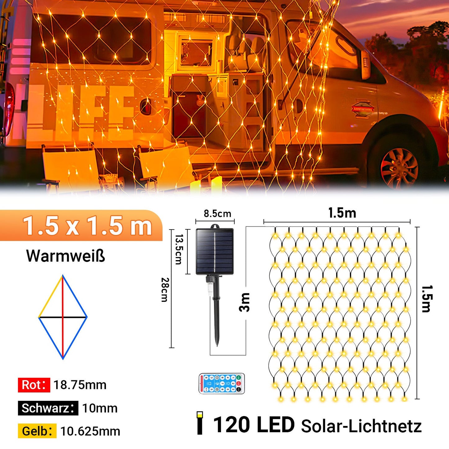 Hengda Solar LED Lichternetz IP44 Außen | Lichtervorhang mit Fernbedienung & Timer | LED Lichterkette für Garten, Fenster, Balkon & Weihnachtsdeko