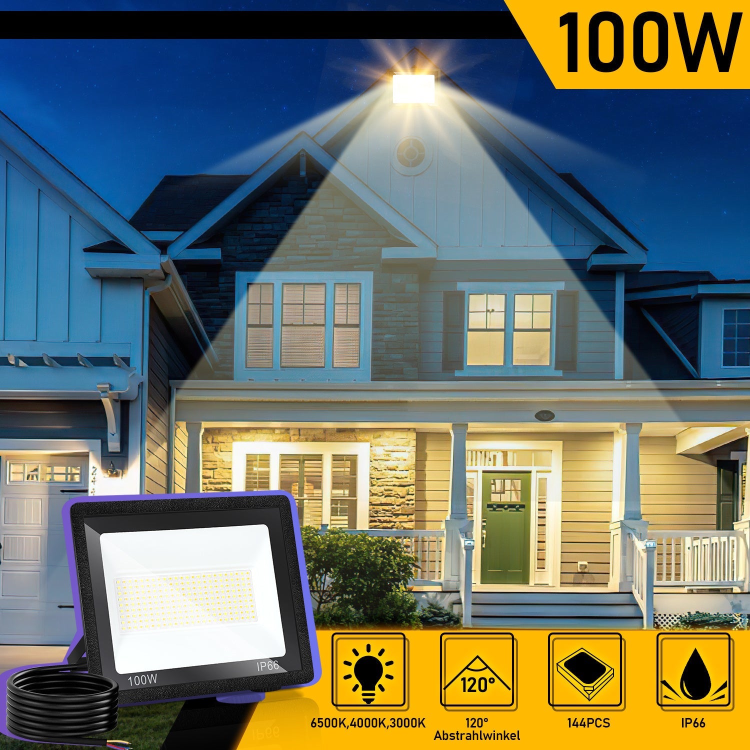 Hengda LED Strahler Außen Dimmbar, LED Fluter 3000K/4000K/6500K, IP66 Wasserdicht Scheinwerfer (kein Stecker)