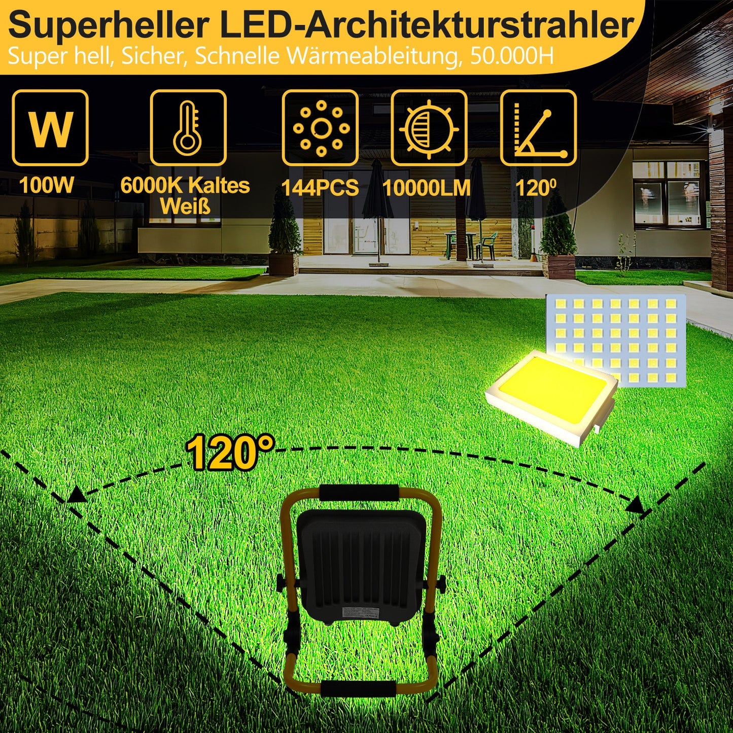 Hengda LED Baustrahler 50-200W mit Ständer | Arbeitsleuchte 6000K Kaltweiß | IP66 Wasserdichter LED Fluter mit 3 m Kabel & Stecker für Baustelle, Werkstatt, Garage