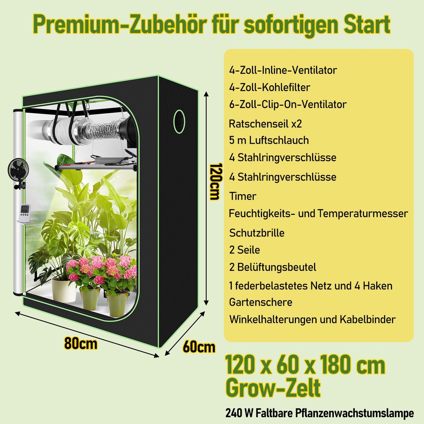 Hengda Growzelt Komplettset, Growbox mit LED Grow Lampe, Gewächshaus, Pflanzenzelt inkl. Belüftungssystem