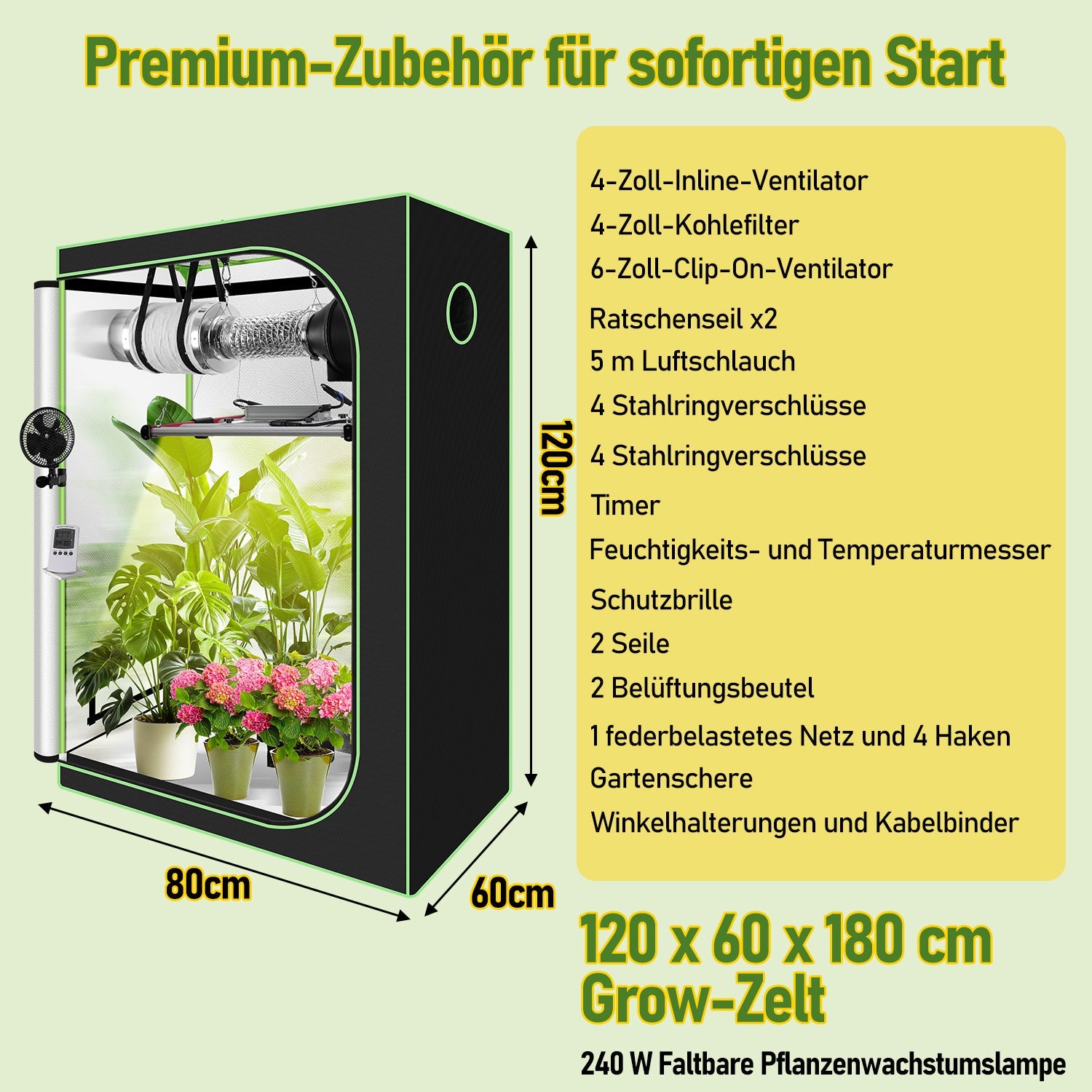 Hengda Growzelt Komplettset, Growbox mit LED Grow Lampe, Gewächshaus, Pflanzenzelt inkl. Belüftungssystem