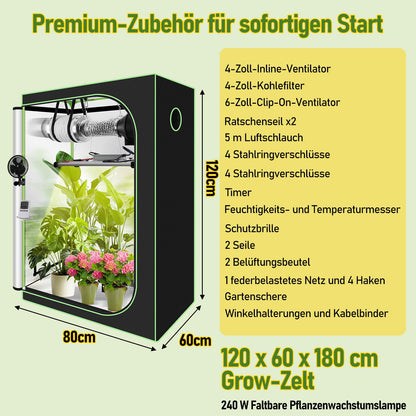Hengda Growzelt Komplettset, Growbox mit LED Grow Lampe, Gewächshaus, Pflanzenzelt inkl. Belüftungssystem