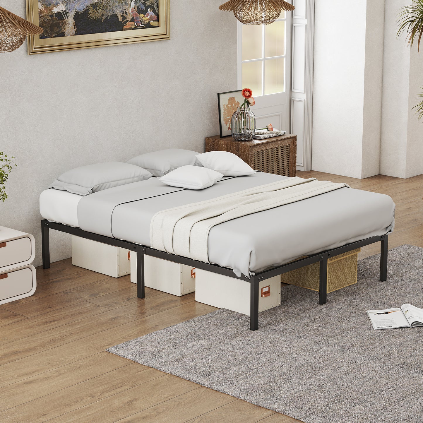 Hengda Doppelbett 140 x 200 cm, Bettgestell Bettrahmen 300 kg Statische Tragkraft