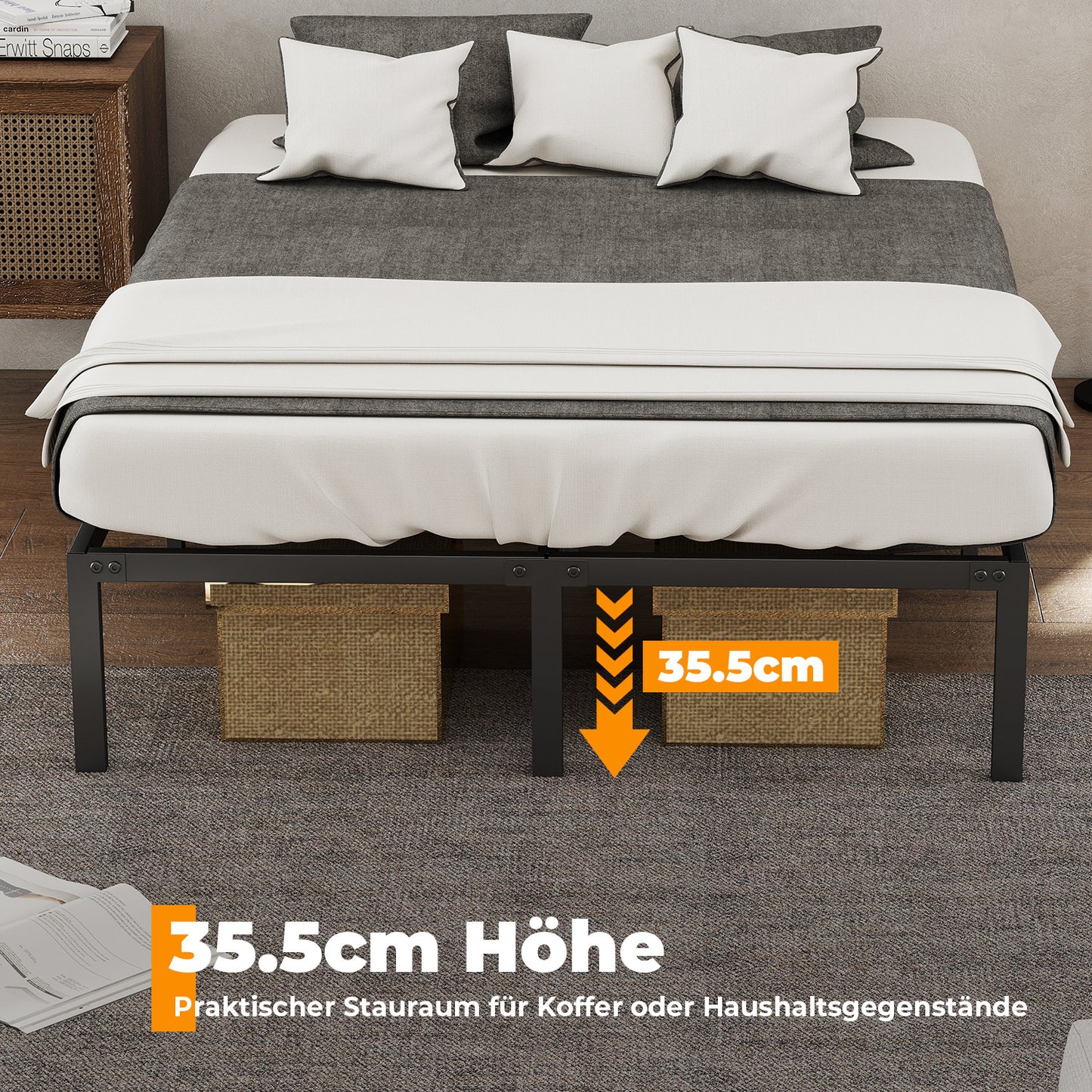 Hengda Doppelbett 140 x 200 cm, Bettgestell Bettrahmen 300 kg Statische Tragkraft