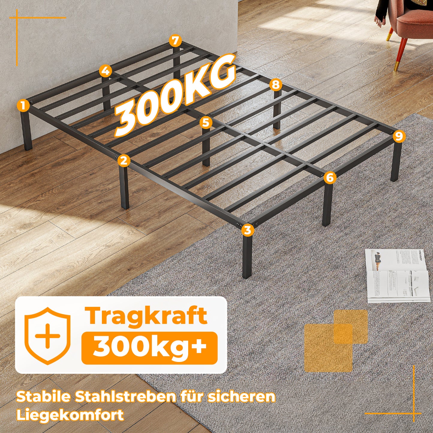 Hengda Doppelbett 140 x 200 cm, Bettgestell Bettrahmen 300 kg Statische Tragkraft