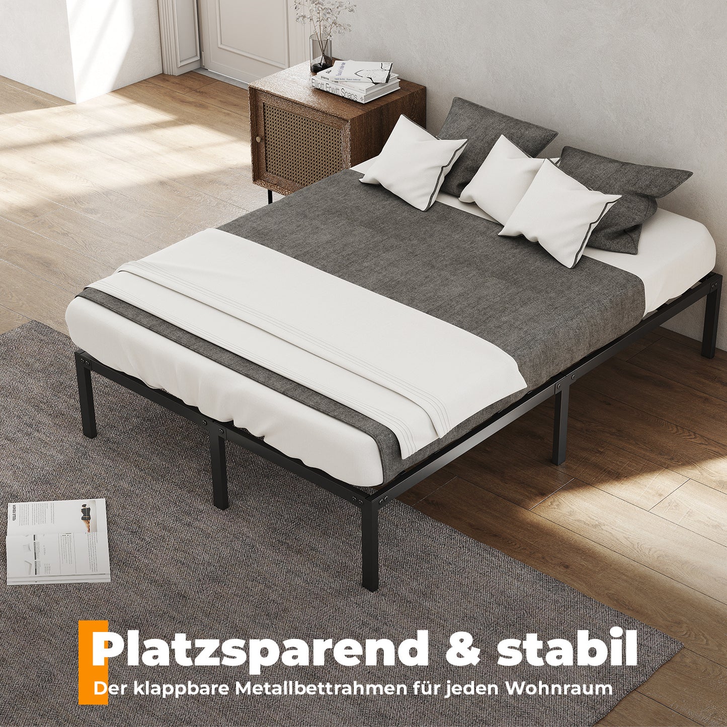 Hengda Doppelbett 140 x 200 cm, Bettgestell Bettrahmen 300 kg Statische Tragkraft