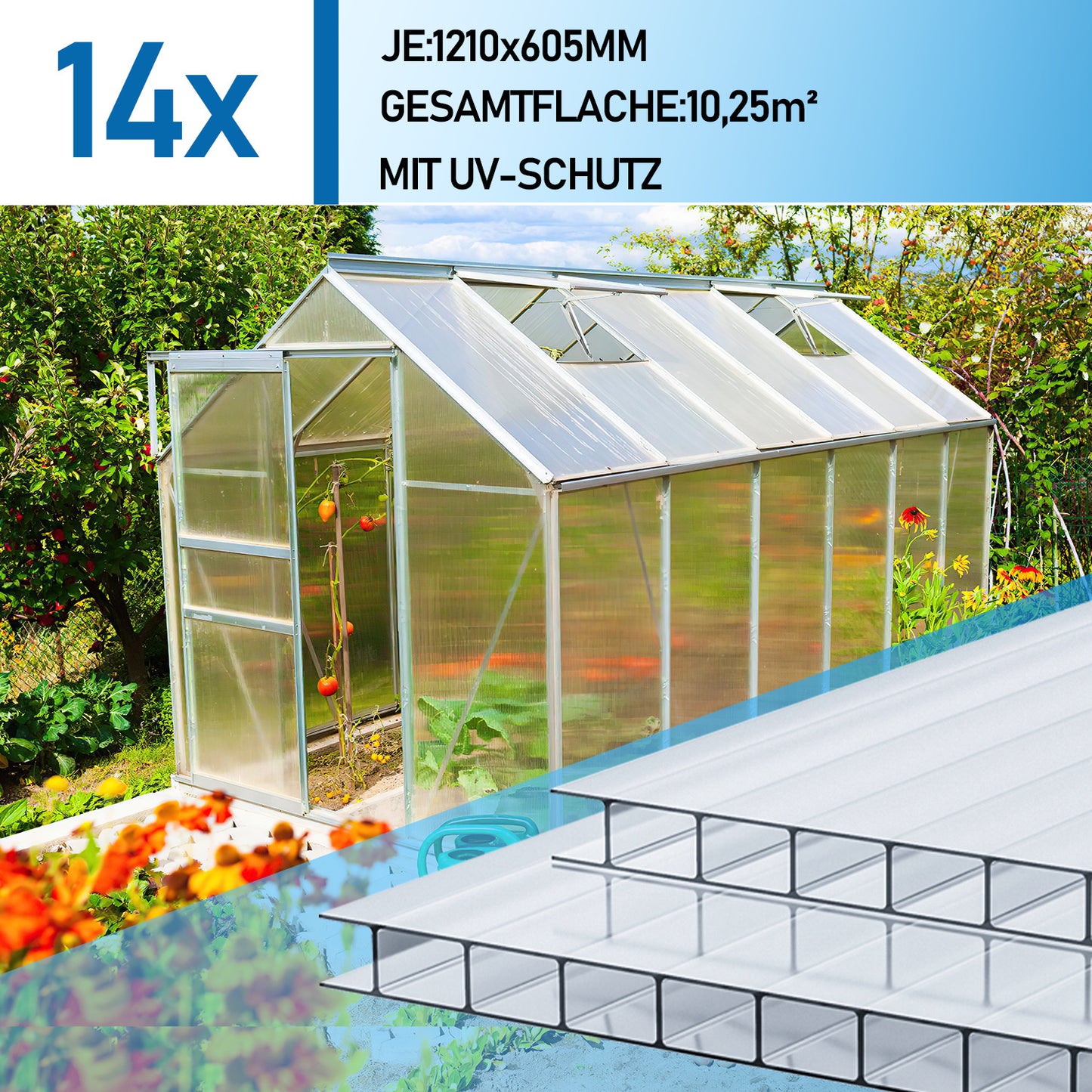Hengda Polycarbonat Hohlkammerstegplatten, 60,5x121 cm Gewächshausplatten mit 50 x W-Clips und 50 x Z-Clips