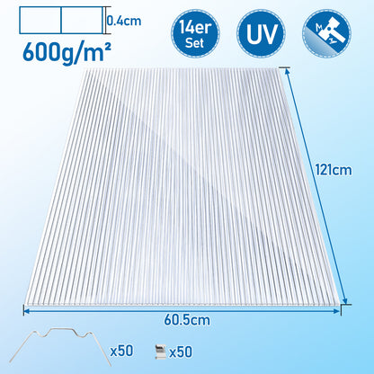 Hengda Polycarbonat Hohlkammerstegplatten, 60,5x121 cm Gewächshausplatten mit 50 x W-Clips und 50 x Z-Clips