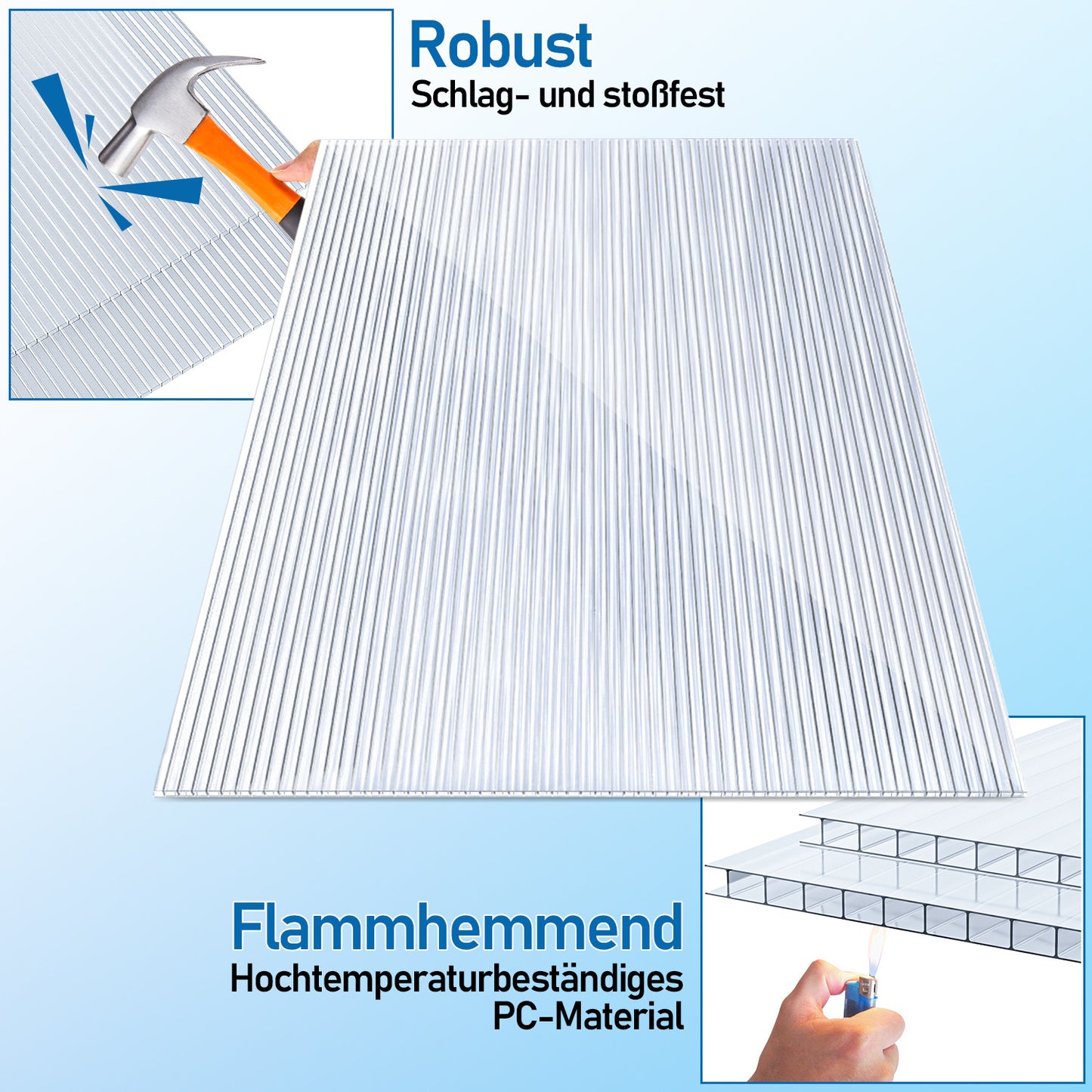 Hengda Polycarbonat Hohlkammerstegplatten, 60,5x121 cm Gewächshausplatten mit 50 x W-Clips und 50 x Z-Clips