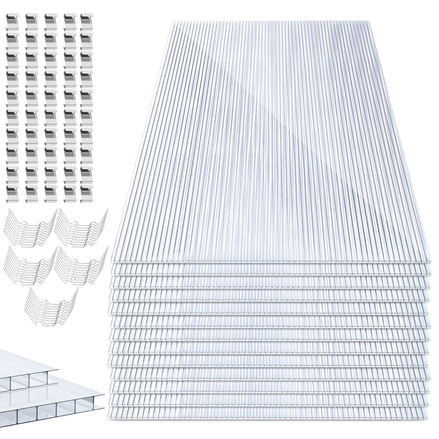 Hengda Polycarbonat Hohlkammerstegplatten, 60,5x121 cm Gewächshausplatten mit 50 x W-Clips und 50 x Z-Clips