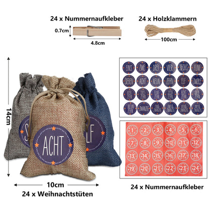 Hengda 24 Adventskalender zum Befüllen Stoffbeutel Weihnachten Geschenksäckchen mit Aufkleber Mini-Holzklammern Hanfseile Weihnachtskalender tüten Geschenkbeutel 22 x 15 cm