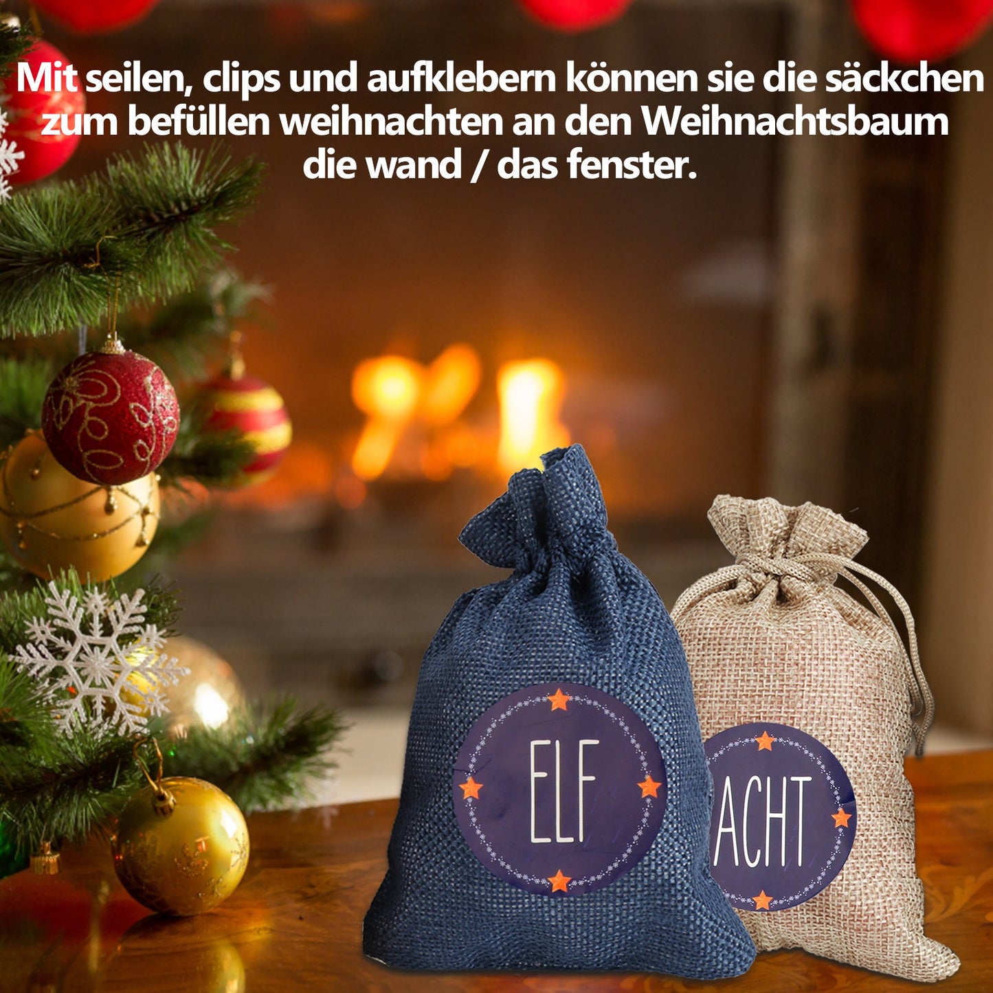 Hengda 24 Adventskalender zum Befüllen Stoffbeutel Weihnachten Geschenksäckchen mit Aufkleber Mini-Holzklammern Hanfseile Weihnachtskalender tüten Geschenkbeutel 22 x 15 cm