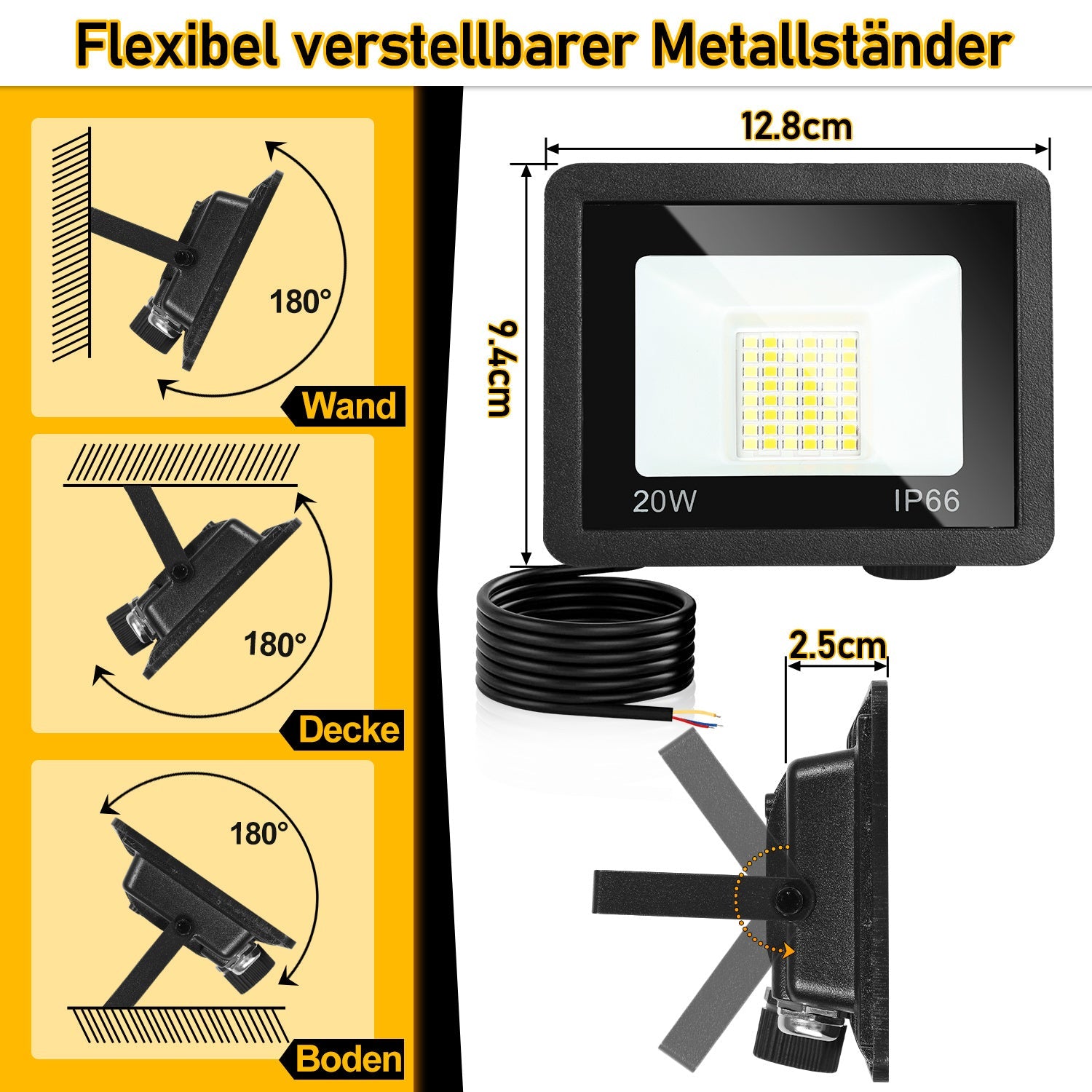 Hengda LED Strahler Außen Dimmbar, LED Fluter 3000K/4000K/6500K, IP66 Wasserdicht Scheinwerfer (kein Stecker)