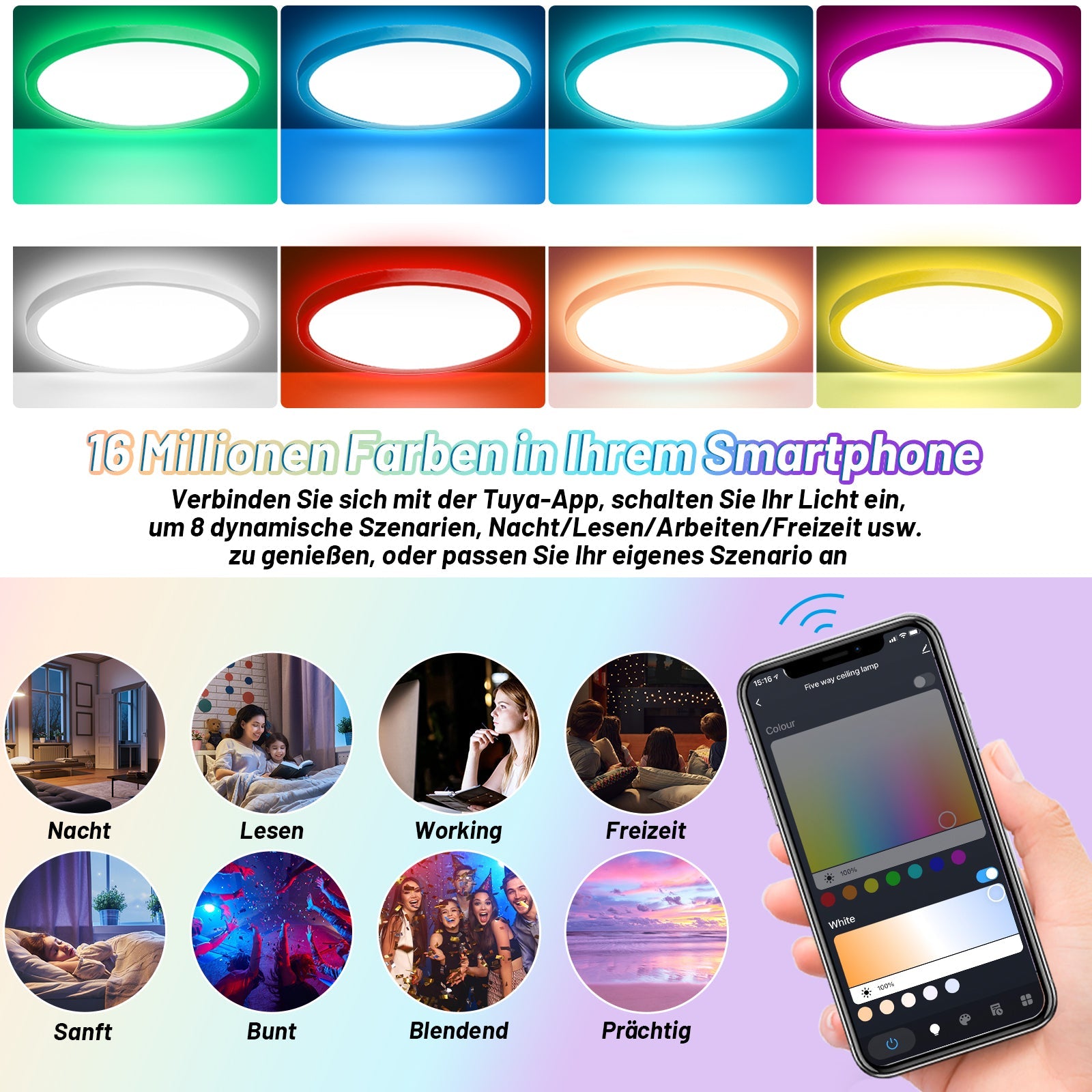 Hengda 24W 2040LM Alexa Lampe Deckenlampe Deckenleuchte Smart Dimmbar Kompatibel mit Alexa & Google 2700K-6500K, Farbwechsel Flach Schlafzimmer Lampe, IP44 für Kinderzimmer Badezimmer