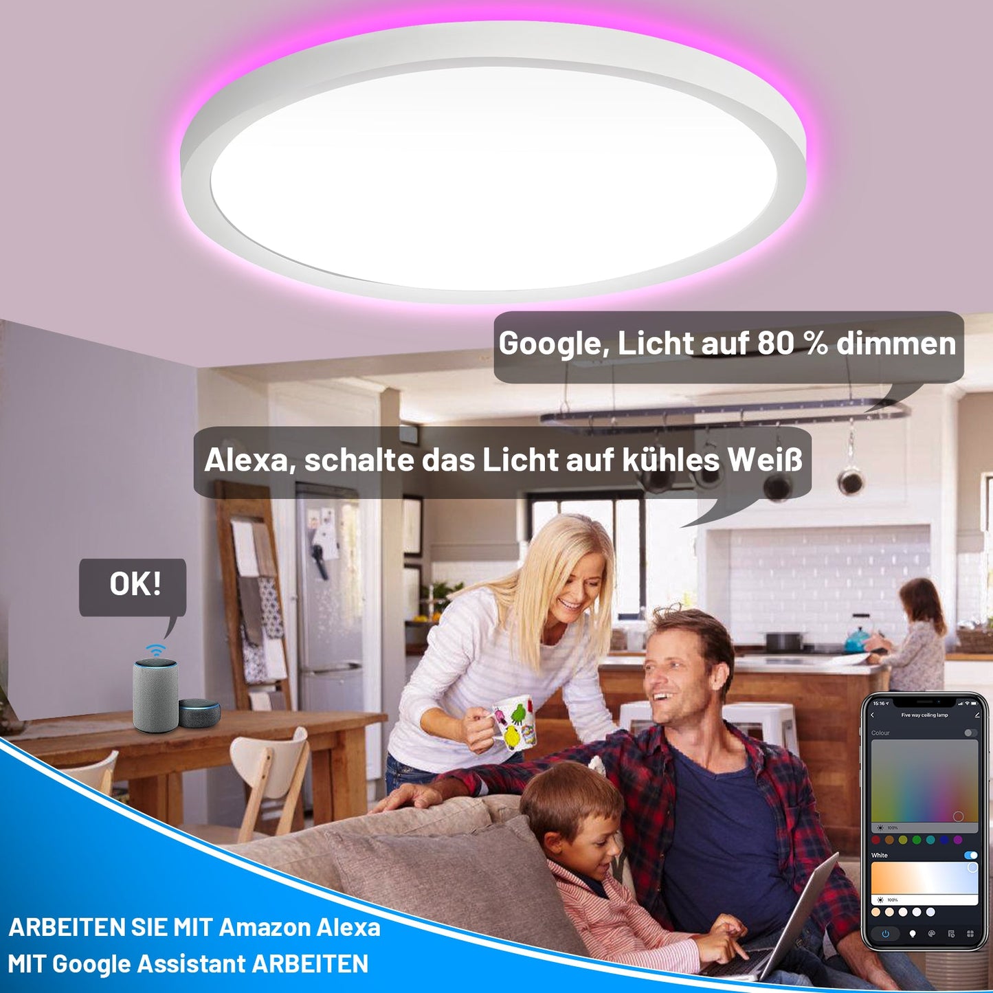 Hengda 24W 2040LM Alexa Lampe Deckenlampe Deckenleuchte Smart Dimmbar Kompatibel mit Alexa & Google 2700K-6500K, Farbwechsel Flach Schlafzimmer Lampe, IP44 für Kinderzimmer Badezimmer