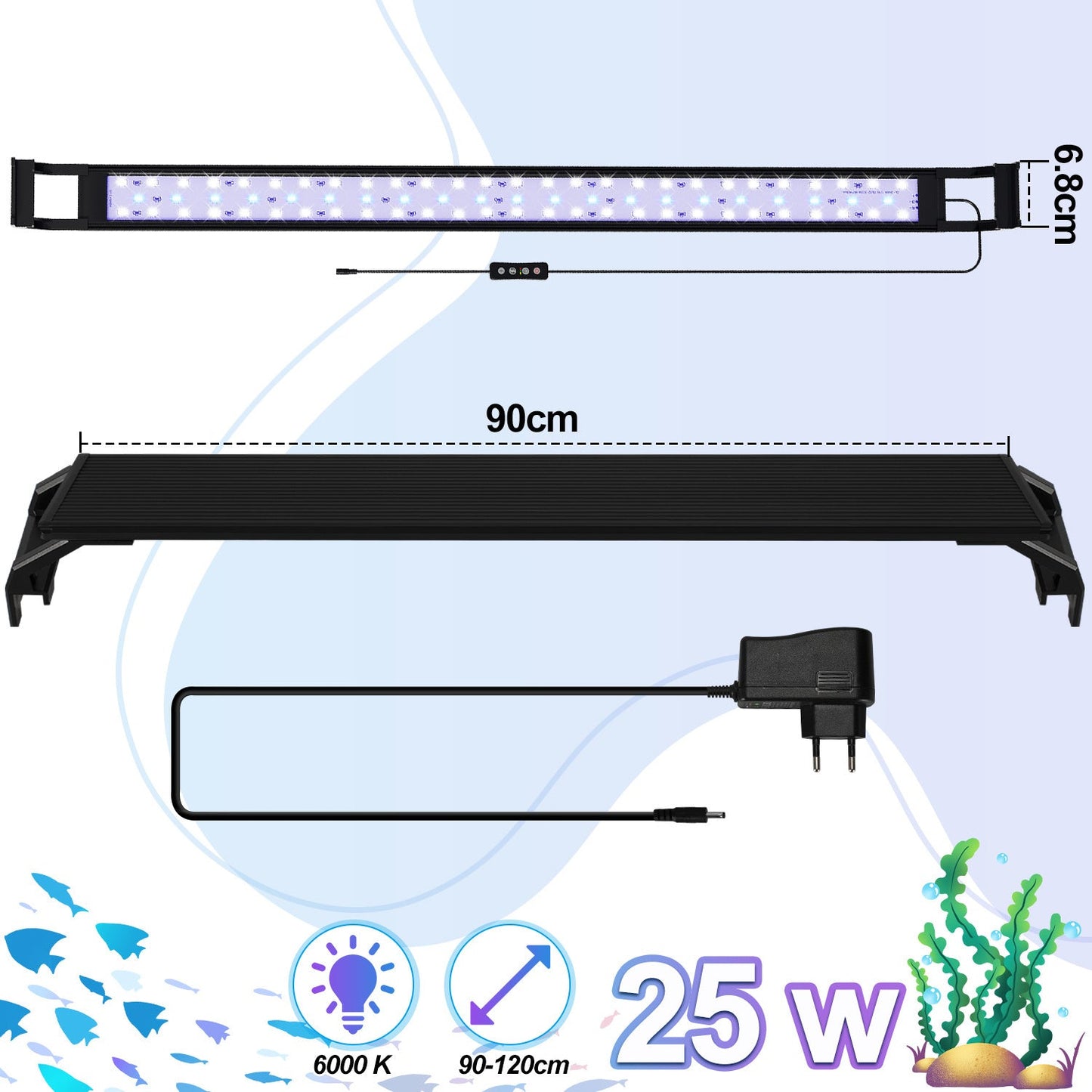 Hengda LED Aquarium Beleuchtung, 16W/20W/25W, Aquariumbeleuchtung Weiß Blau, Aquarium Lampe mit Verstellbarer Halterung, für 90cm-120cm Süßwasser-Aquarien