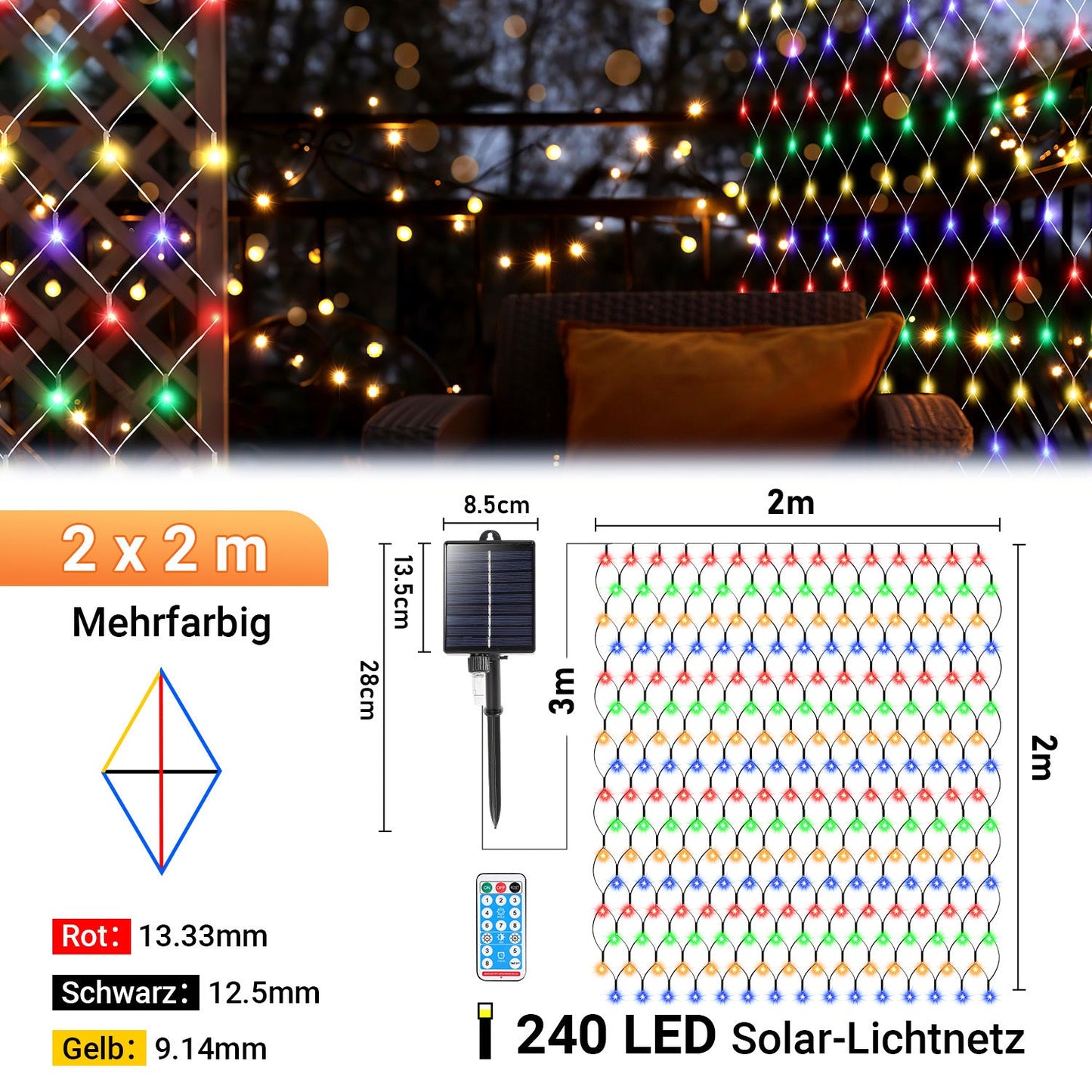 Hengda Solar LED Lichternetz IP44 Außen | Lichtervorhang mit Fernbedienung & Timer | LED Lichterkette für Garten, Fenster, Balkon & Weihnachtsdeko