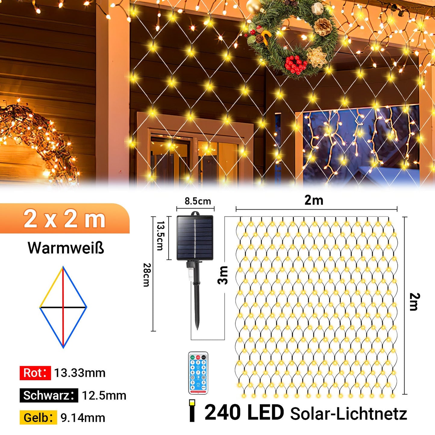 Hengda Solar LED Lichternetz IP44 Außen | Lichtervorhang mit Fernbedienung & Timer | LED Lichterkette für Garten, Fenster, Balkon & Weihnachtsdeko
