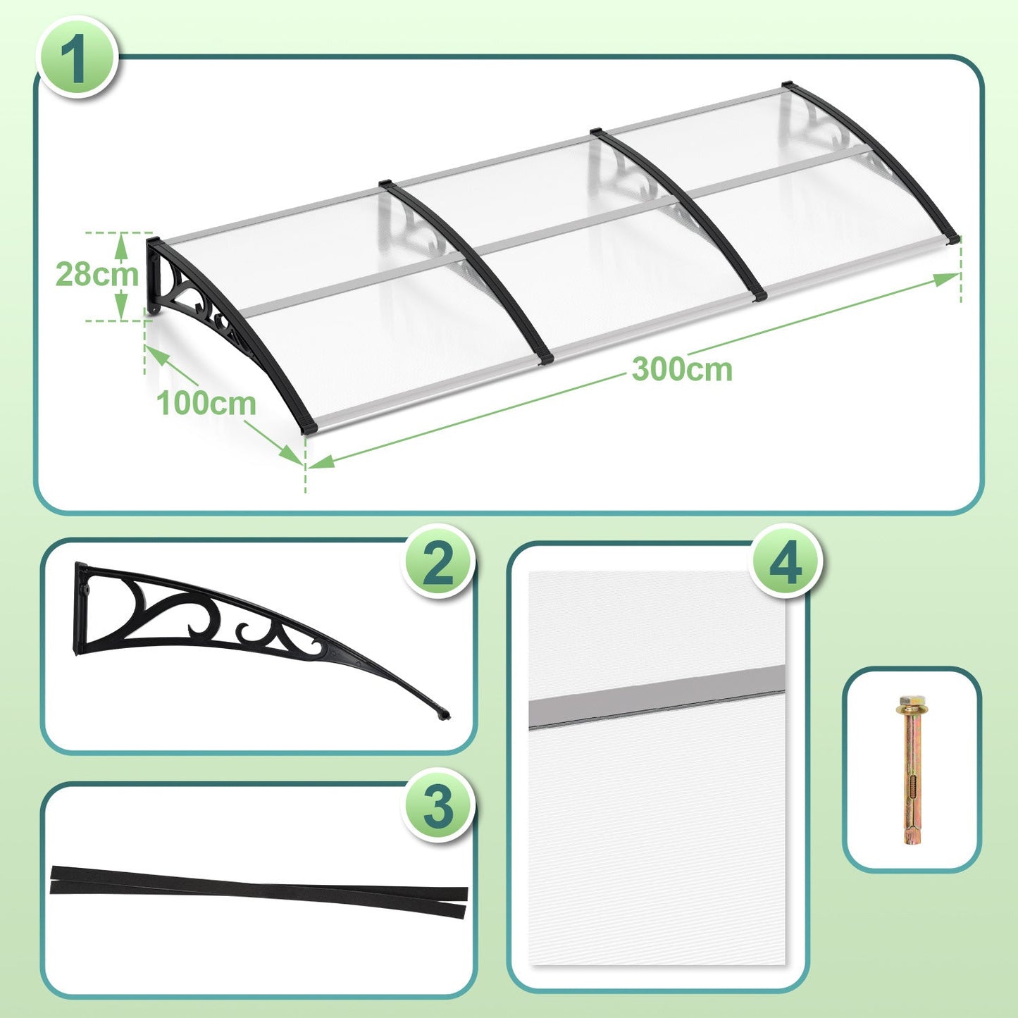 Hengda Vordach für Haustür, 5 mm Überdachung, Transparentes Pultbogenvordach, Polycarbonat Pultvordach, Türdach für draußen