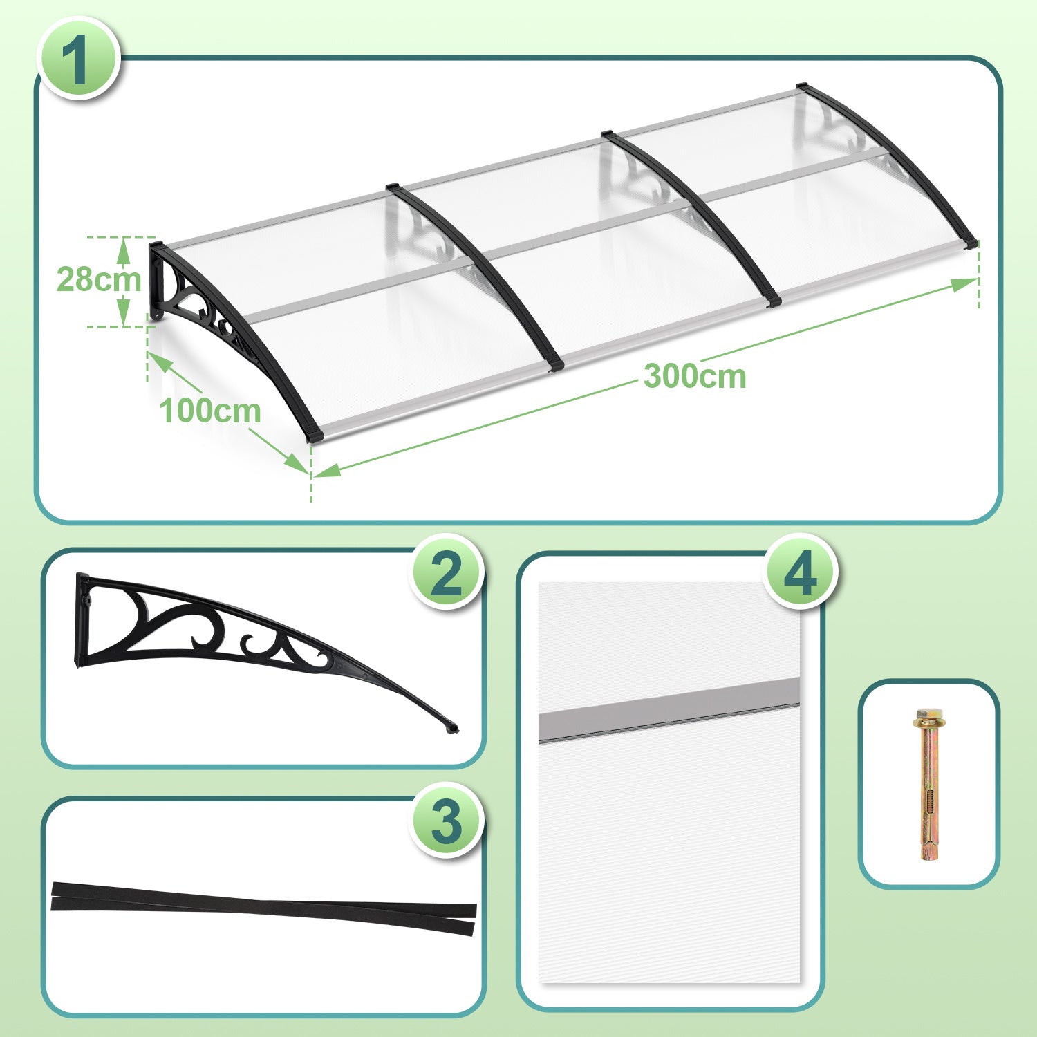 Hengda Vordach für Haustür, 5 mm Überdachung, Transparentes Pultbogenvordach, Polycarbonat Pultvordach, Türdach für draußen