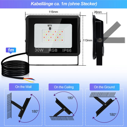 Hengda RGB LED Strahler Außen mit Fernbedienung, 10/20/30/50 W Fluter LED Dimmbar, Flutlicht IP66 Wasserdicht, 4 Modi