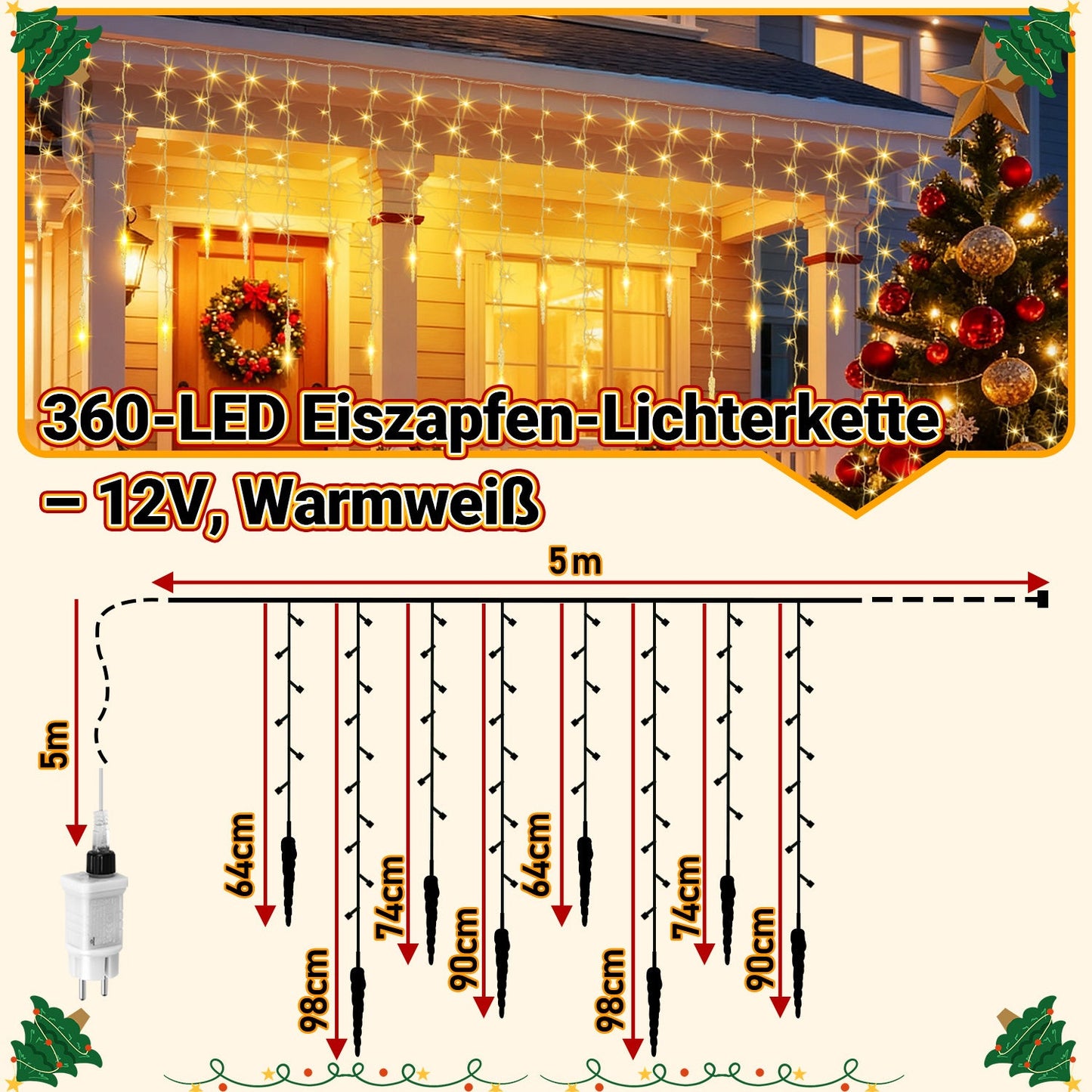 Hengda LED Eiszapfen Lichterkette Außen mit Fernbedienung | 8 Modi & Timer Weihnachtslichterkette IP44 | LED Lichterkette für Garten, Balkon & Hausfassade