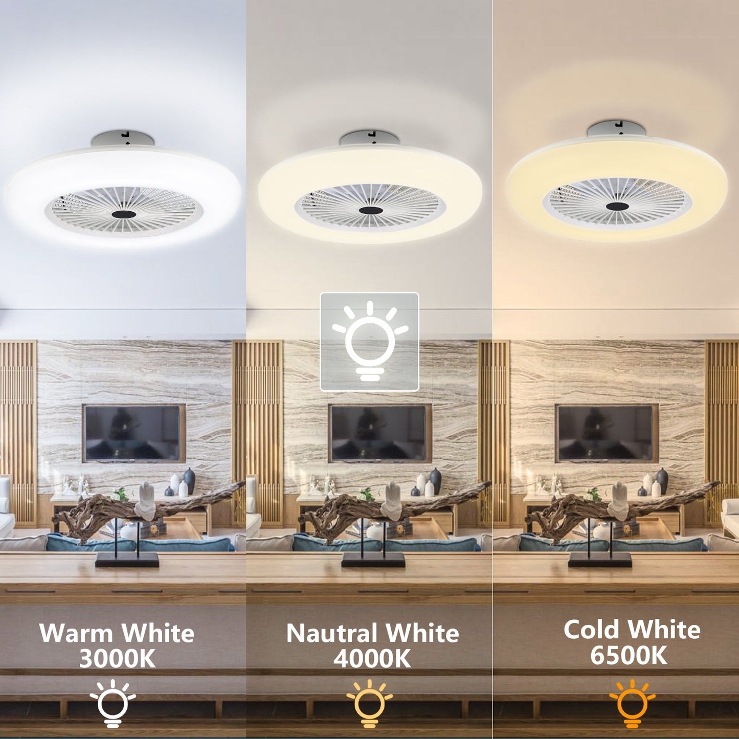 Hengda LED Deckenventilator mit Beleuchtung Ø55 cm | 80 W Deckenleuchte mit Ventilator & Fernbedienung | 3 Windgeschwindigkeiten, 3 Lichtfarben | Leiser Deckenventilator für Wohnzimmer & Schlafzimmer