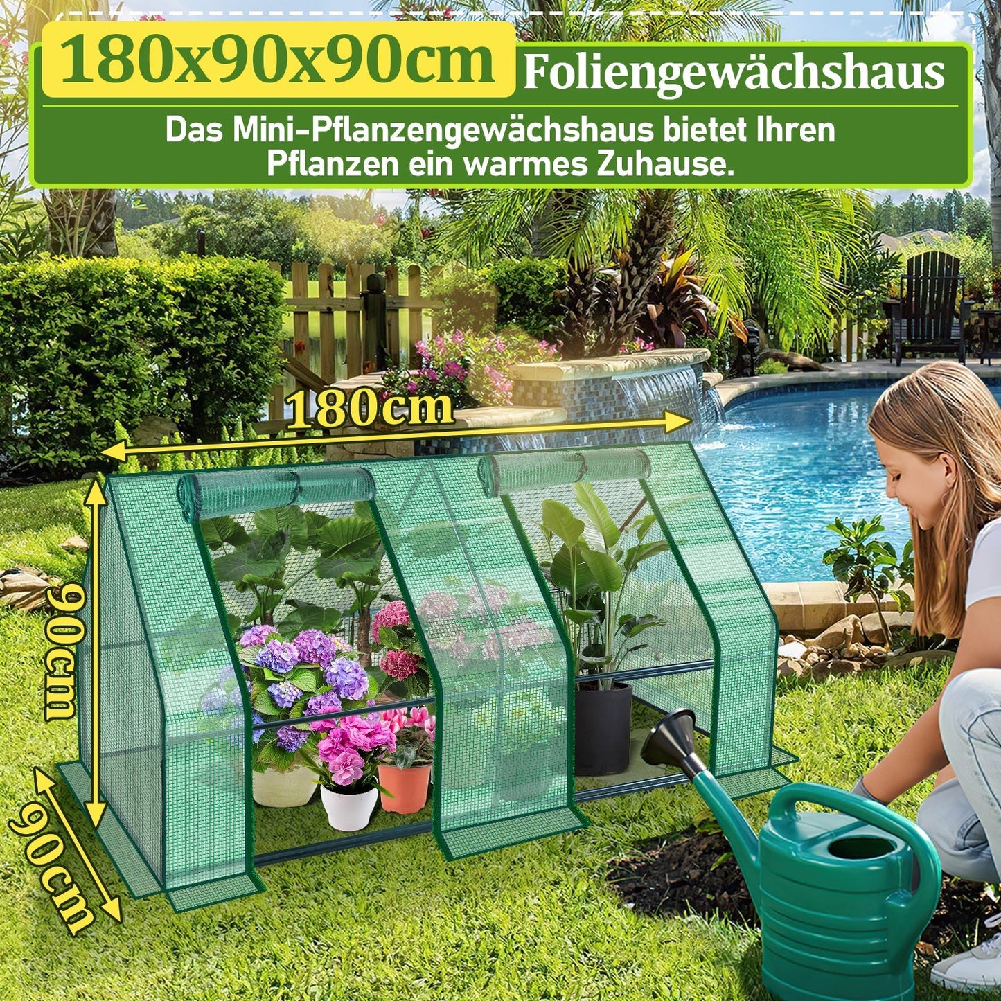 Hengda Gewächshaus Klein 180×90×90 cm | Foliengewächshaus mit UV-beständiger PE-Plane | Tomatenhaus Treibhaus für Balkon, Garten & Frühbeet Pflanzenanzucht