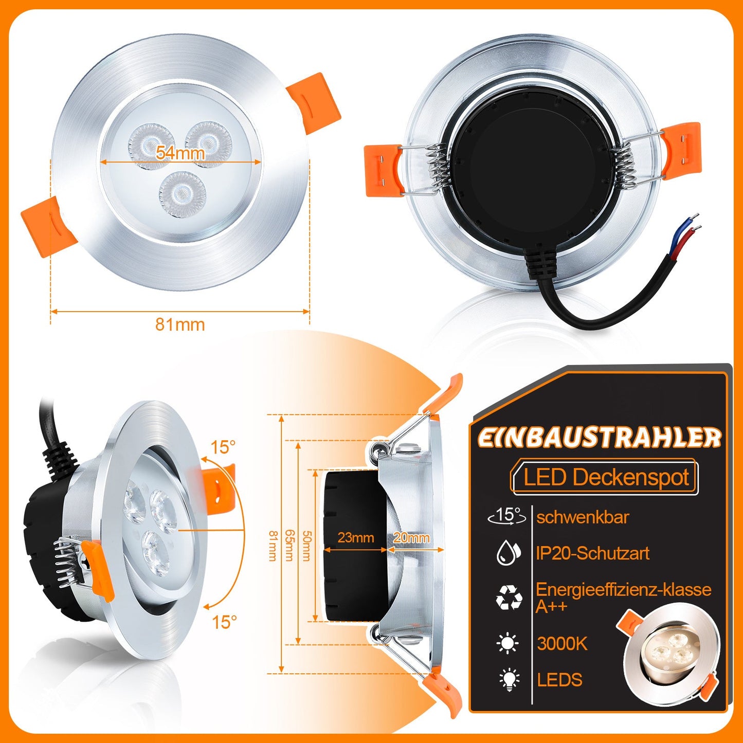 Hengda 3W LED Einbaustrahler, Warmweiß/Kaltweiß Einbau-Spots Schwenkbar, 230V Flach Einbauleuchten, Deckenspots, Deckenstrahler