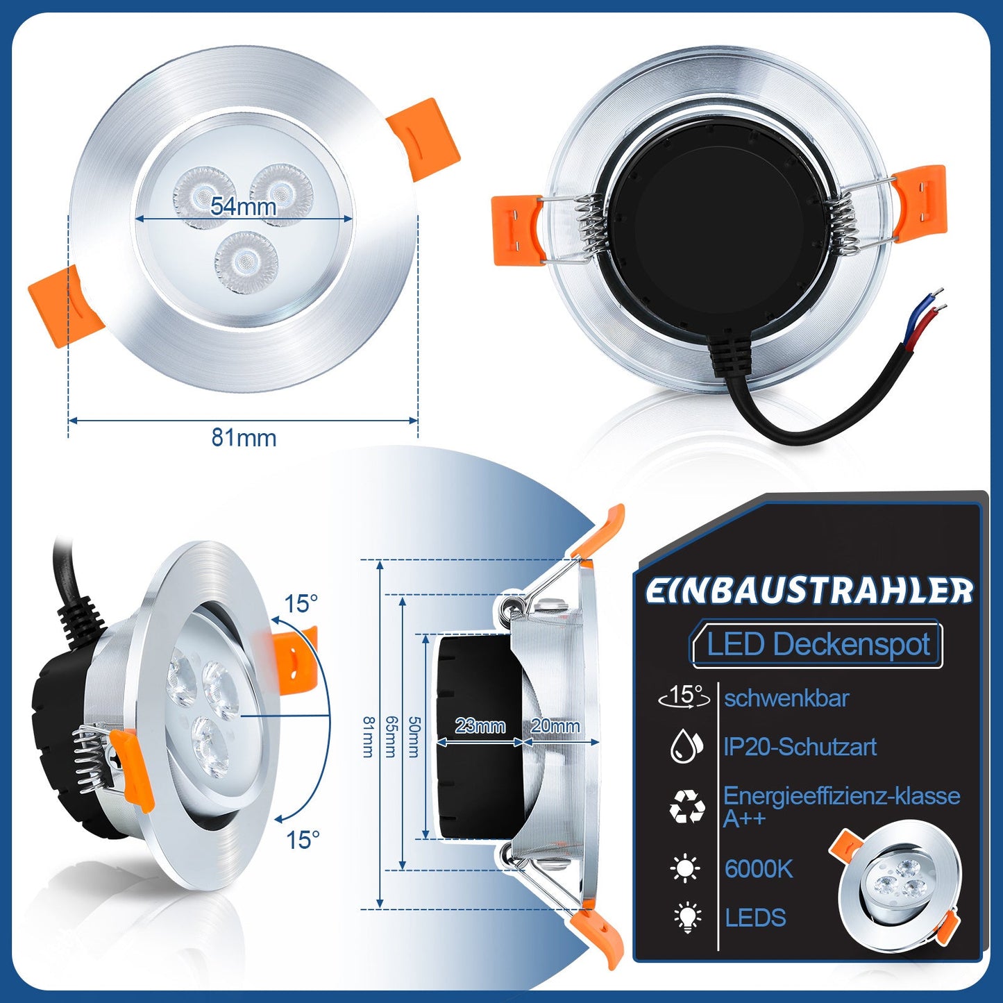 Hengda 3W LED Einbaustrahler, Warmweiß/Kaltweiß Einbau-Spots Schwenkbar, 230V Flach Einbauleuchten, Deckenspots, Deckenstrahler