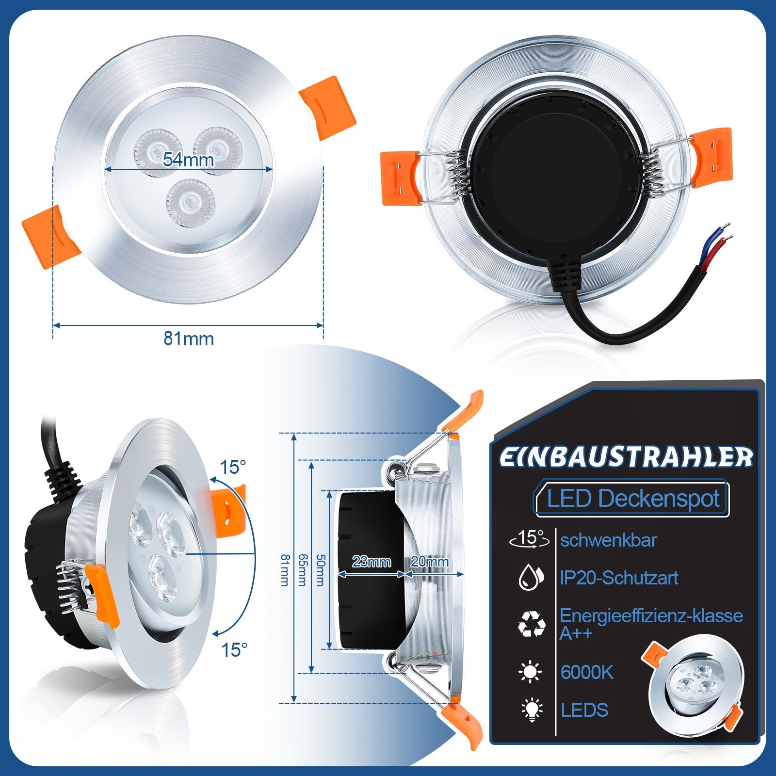 Hengda 3W LED Einbaustrahler, Warmweiß/Kaltweiß Einbau-Spots Schwenkbar, 230V Flach Einbauleuchten, Deckenspots, Deckenstrahler