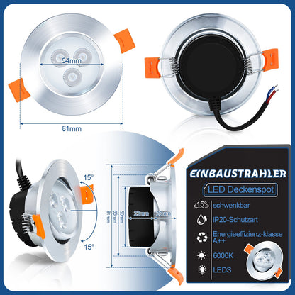 Hengda 3W LED Einbaustrahler, Warmweiß/Kaltweiß Einbau-Spots Schwenkbar, 230V Flach Einbauleuchten, Deckenspots, Deckenstrahler