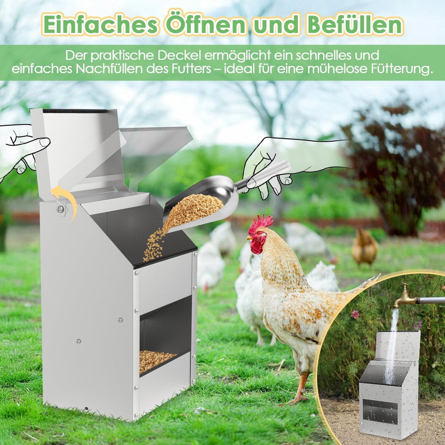 Hühnerfutterautomat 4,5 kg / 11,5 kg mit Deckel & Wandhalterung