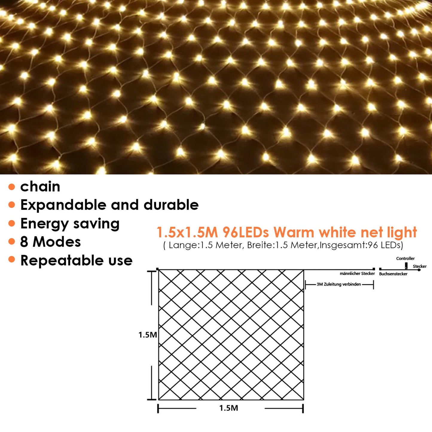 Hengda LED Lichternetz Lichtervorhang Lichterkette Außenlichterkette Strip 8 Modi