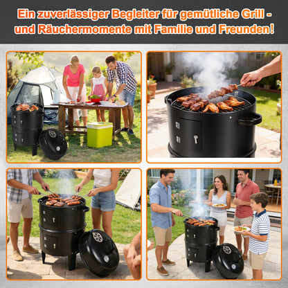 Hengda 3 in 1 Smoker Räucherofen, Holzkohle Räuchergrill mit Thermometer
