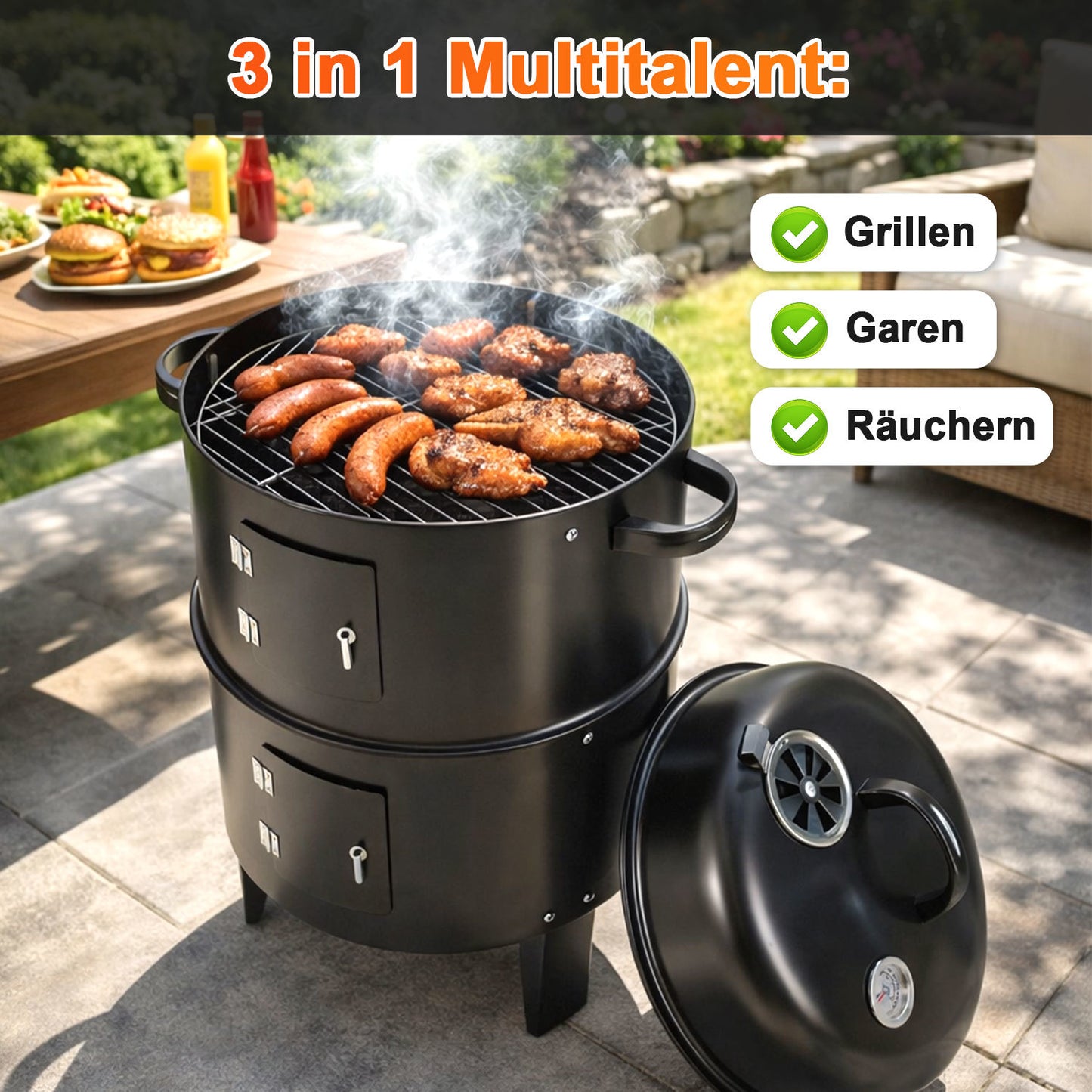 Hengda 3 in 1 Smoker Räucherofen, Holzkohle Räuchergrill mit Thermometer