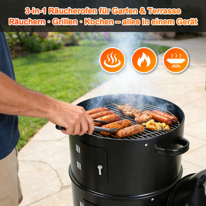 Hengda 3 in 1 Smoker Räucherofen, Holzkohle Räuchergrill mit Thermometer