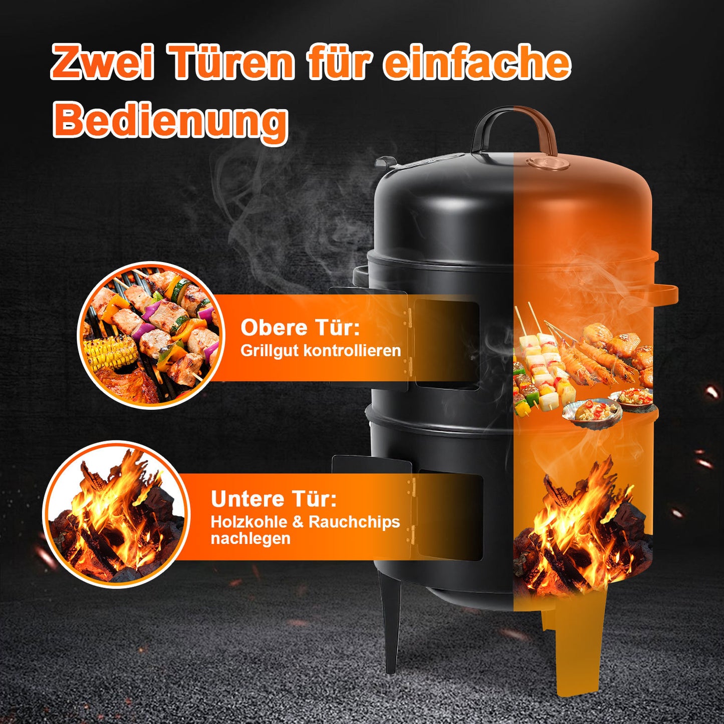 Hengda 3 in 1 Smoker Räucherofen, Holzkohle Räuchergrill mit Thermometer