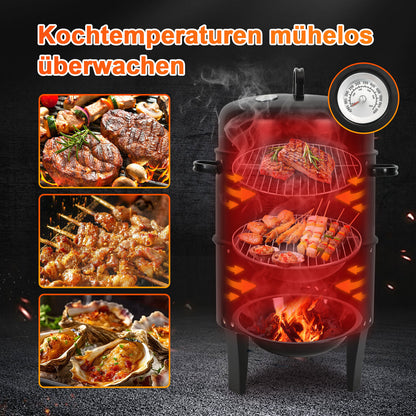 Hengda 3 in 1 Smoker Räucherofen, Holzkohle Räuchergrill mit Thermometer